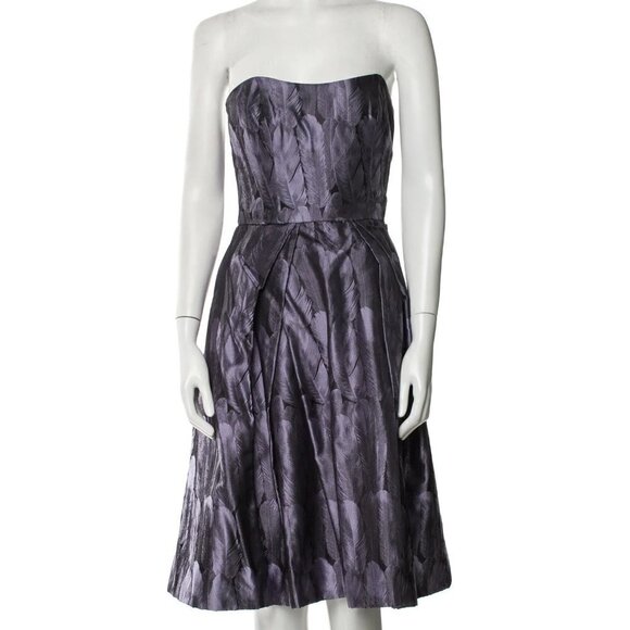 Carolina Herrera Strapless Corset Bodice Feather Print 100% Silk Midi Dress 8 US - Picture 1 of 10